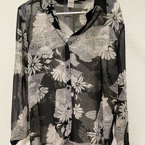 Notations Black & White Sheer Floral Button-Down Shirt